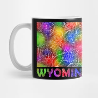 Colorful mandala art map of Wyoming with text in multicolor pattern Mug